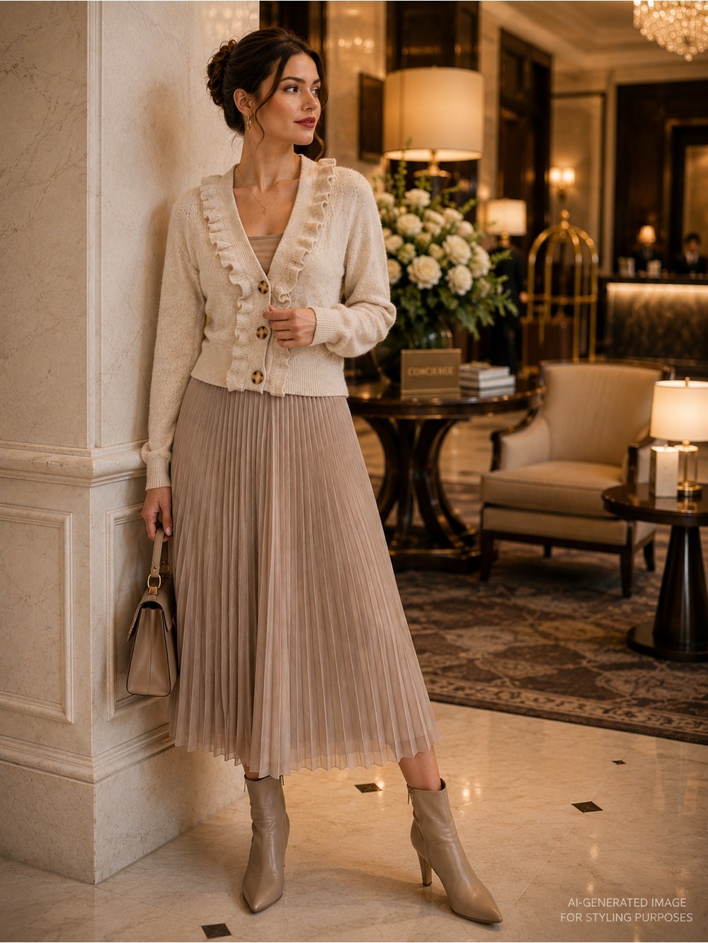 Industry L Cream Ruffle Cardigan Feminine Office Chic Quiet Luxury Sweater